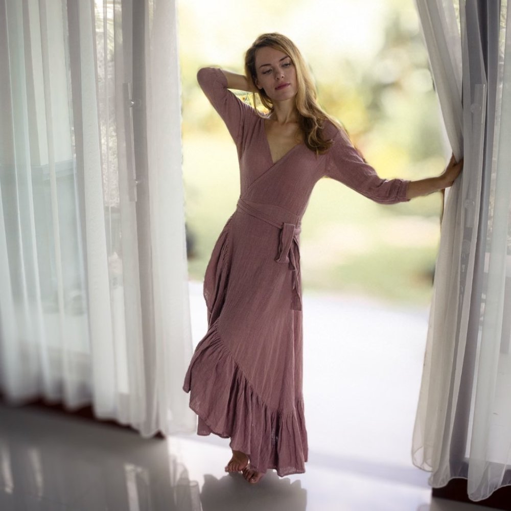 Kayame Boutique Organic Cotton Boho Wrap Dress (Dusty Rose)